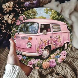 Round Aluminum Sign, Retro Pink Floral VW Bus Wall Art